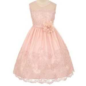 Flower Girl Dress Embroidered Tulle Overlay Dress Illusion Neckline Wedding New